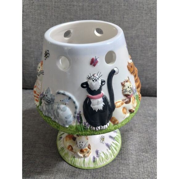 Kitten Kitty Cats Tea Light Candle Stand Ceramic Hand Painted Bees Butterfly - Picture 4 of 9